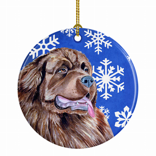Dog and Winter Snowflakes Ceramic Ornament
