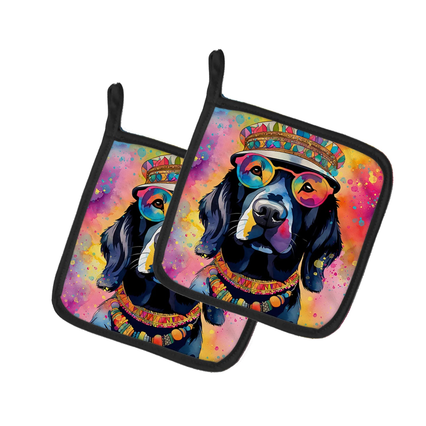 Black Labrador Hippie Dawg Pair of Pot Holders