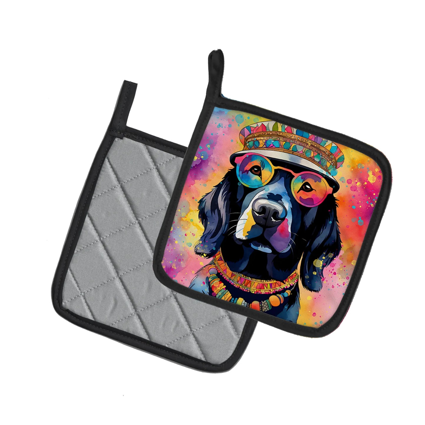 Black Labrador Hippie Dawg Pair of Pot Holders