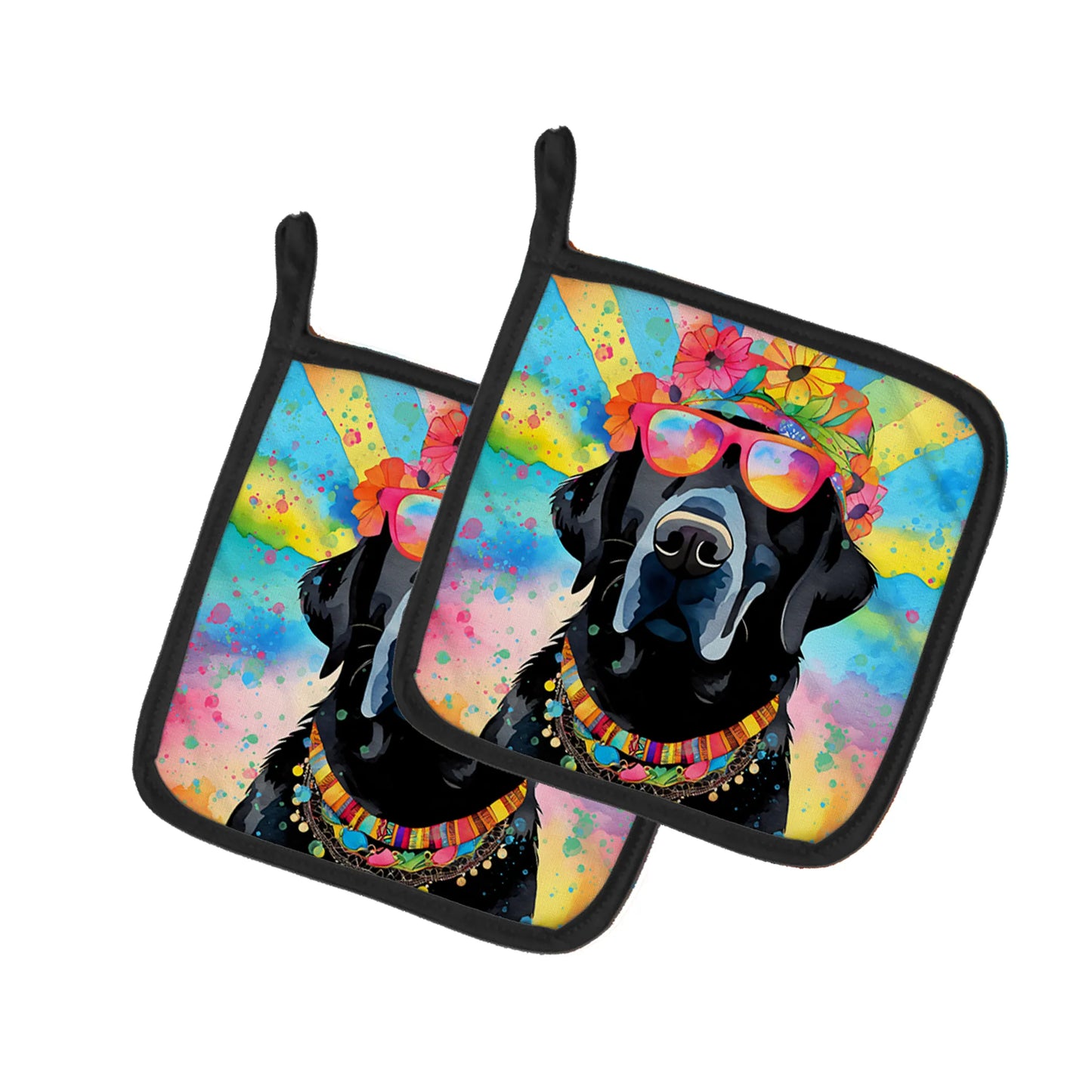 Black Labrador Hippie Dawg Pair of Pot Holders