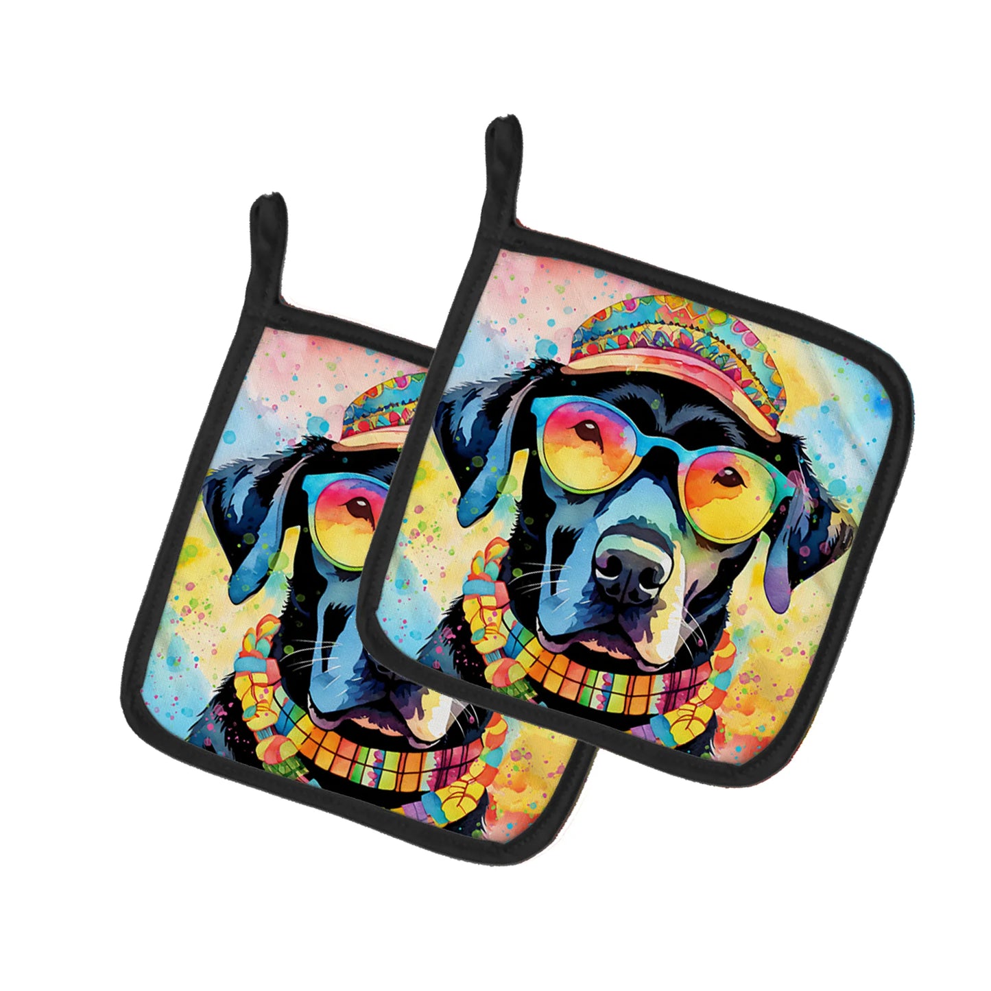 Black Labrador Hippie Dawg Pair of Pot Holders